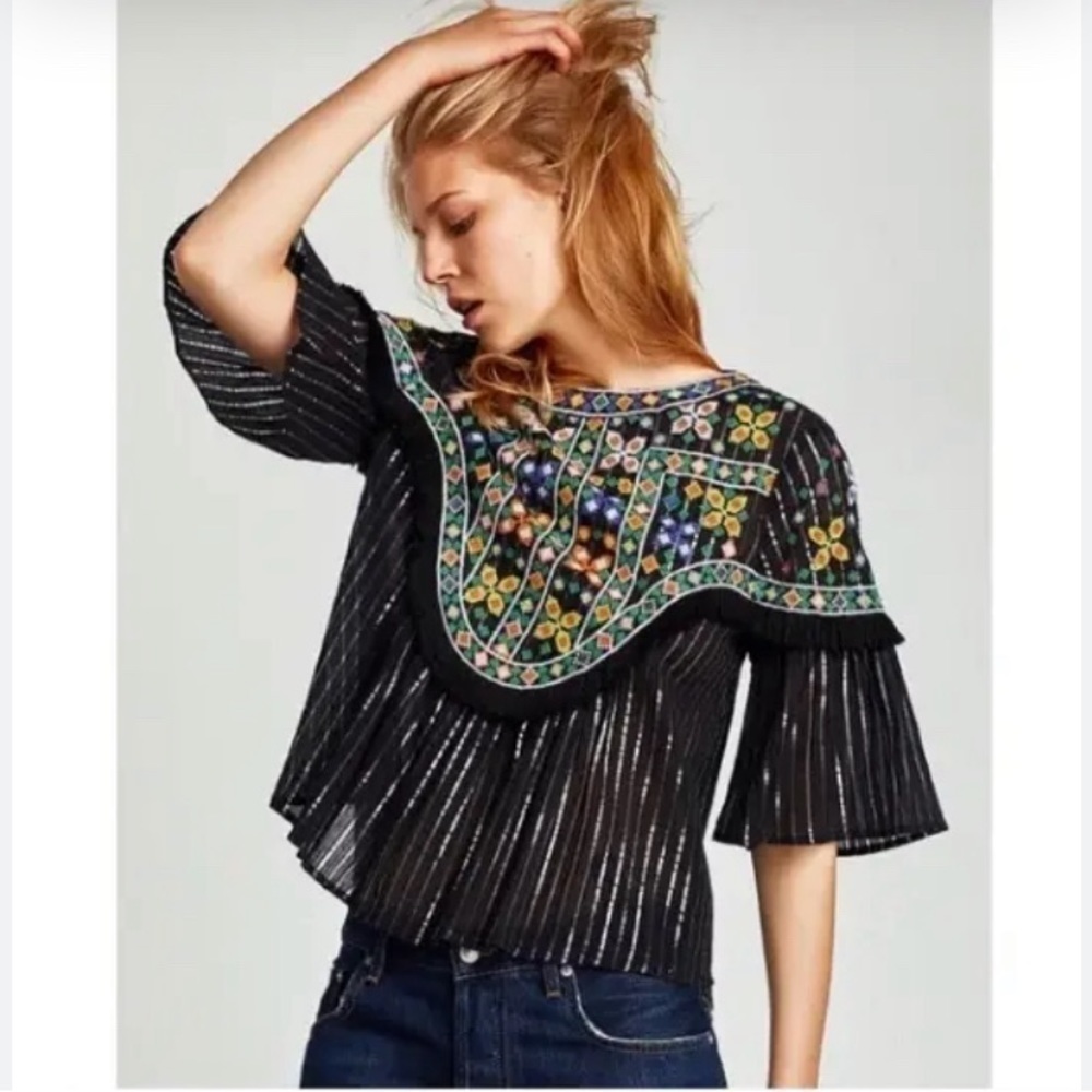 Zara boho metallic striped fringe embroidered blouse size‎ small